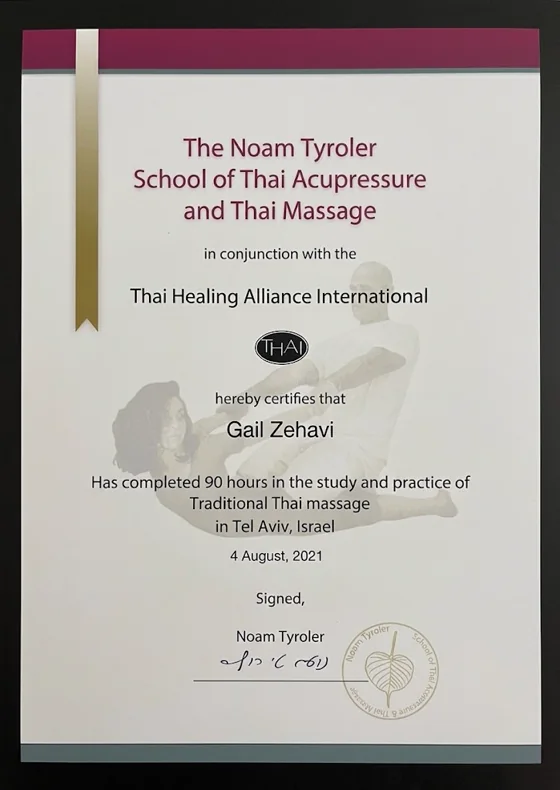 Traditional Thai Massage training certificate for Gail Zehavi