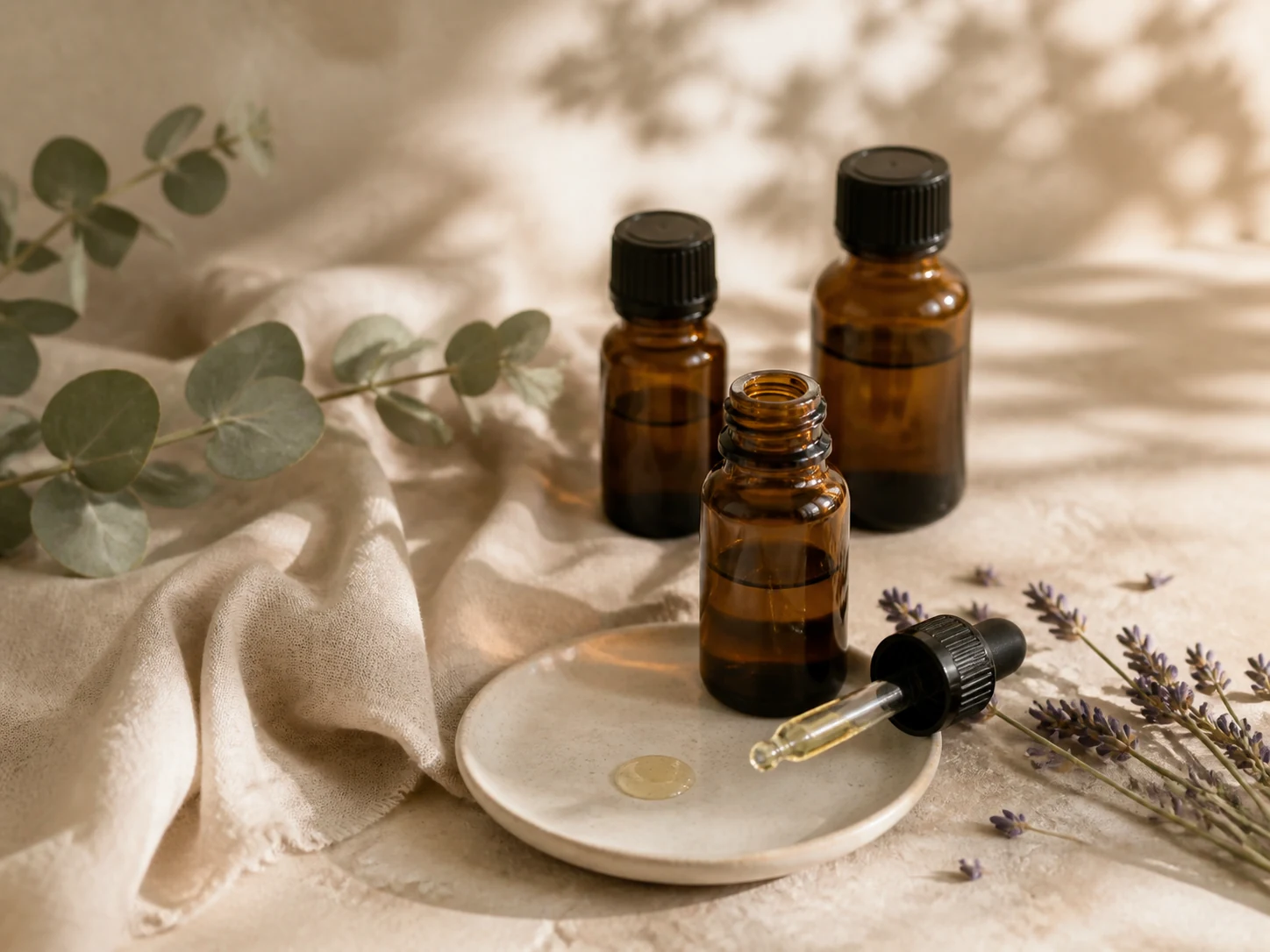 Amber essential-oil bottles with eucalyptus and lavender