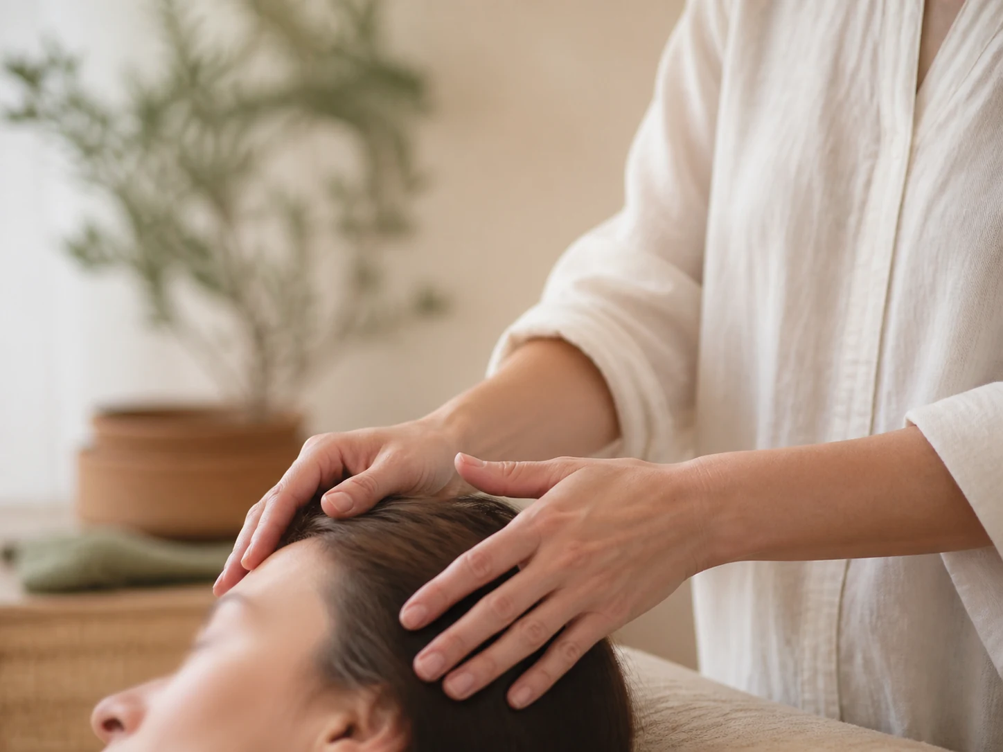 A gentle head-touch wellness session in a calm room