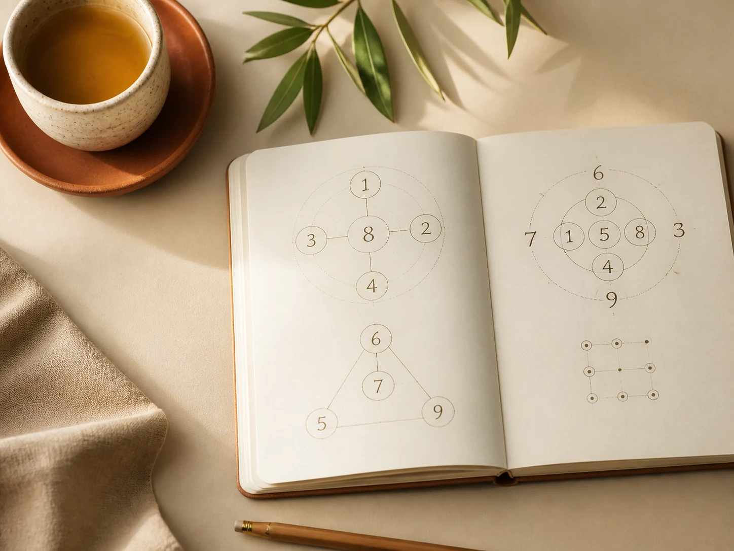 Open journal with hand-drawn number groupings beside a cup of tea